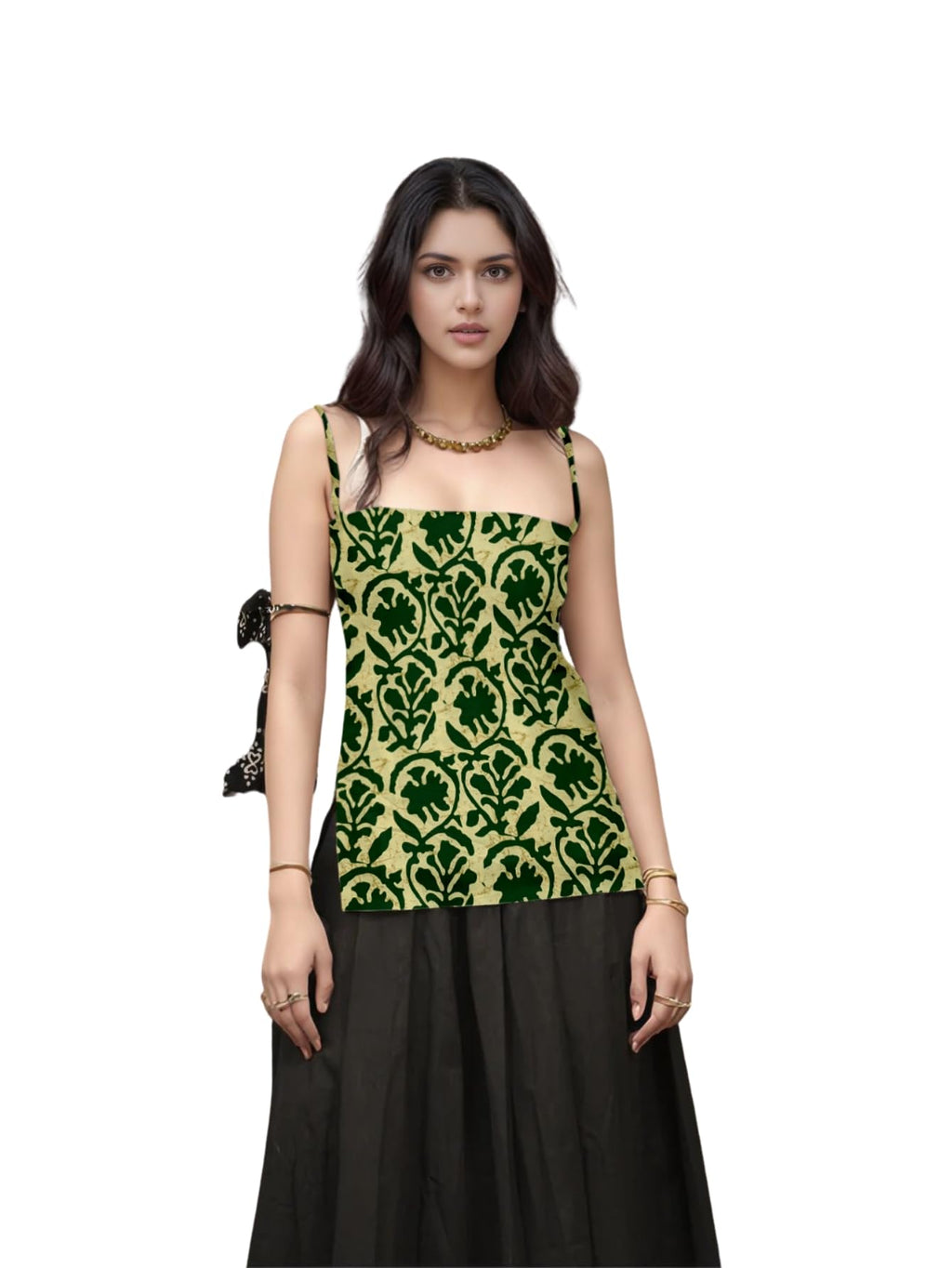 Aahwan Black Printed Square Neck Sleeveless Backless Short Indo-Western Ethnic Kurti Top for Women's & Girl's