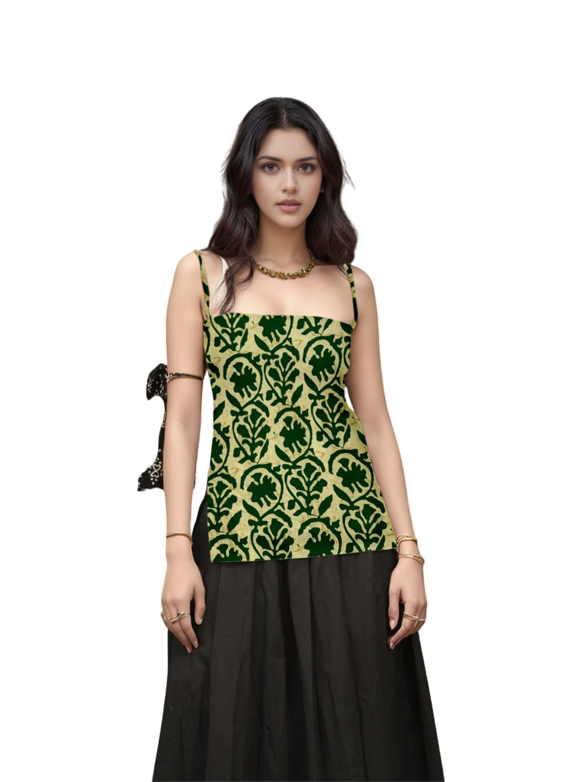 Aahwan Black Printed Square Neck Sleeveless Backless Short Indo-Western Ethnic Kurti Top for Women's & Girl's