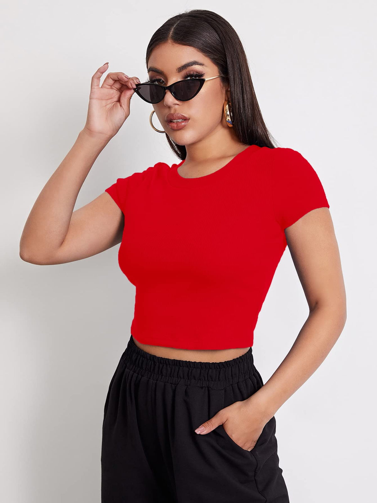 Aahwan Black Solid Ribbed Slim Fit Baby Tee Crop Top for Women's & Girls' (116_Black-L)