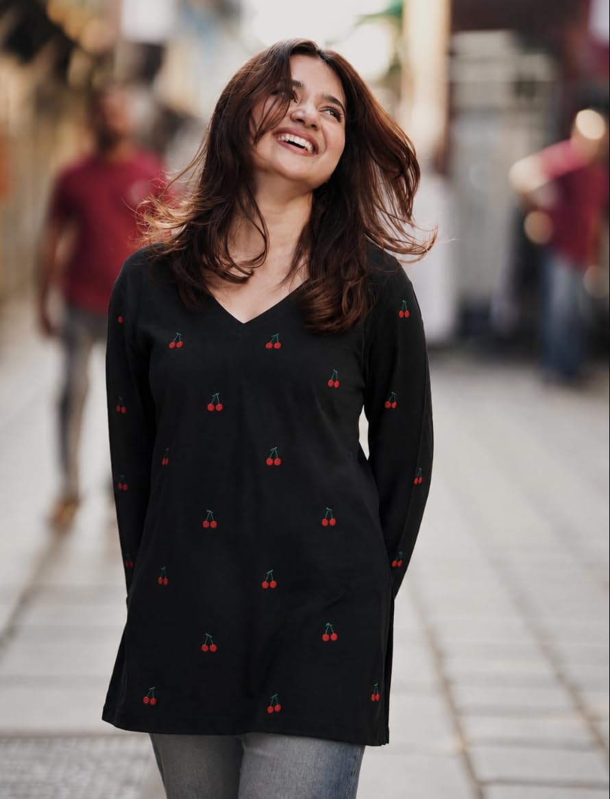Yousafzai Brand Women's Rayon Embroidered Short Kurti | V-Neck | Full Sleeve | Cherry Embroidery | Regular Fit | Casual, Office & College Wear Top for Women (Red/White/Black)