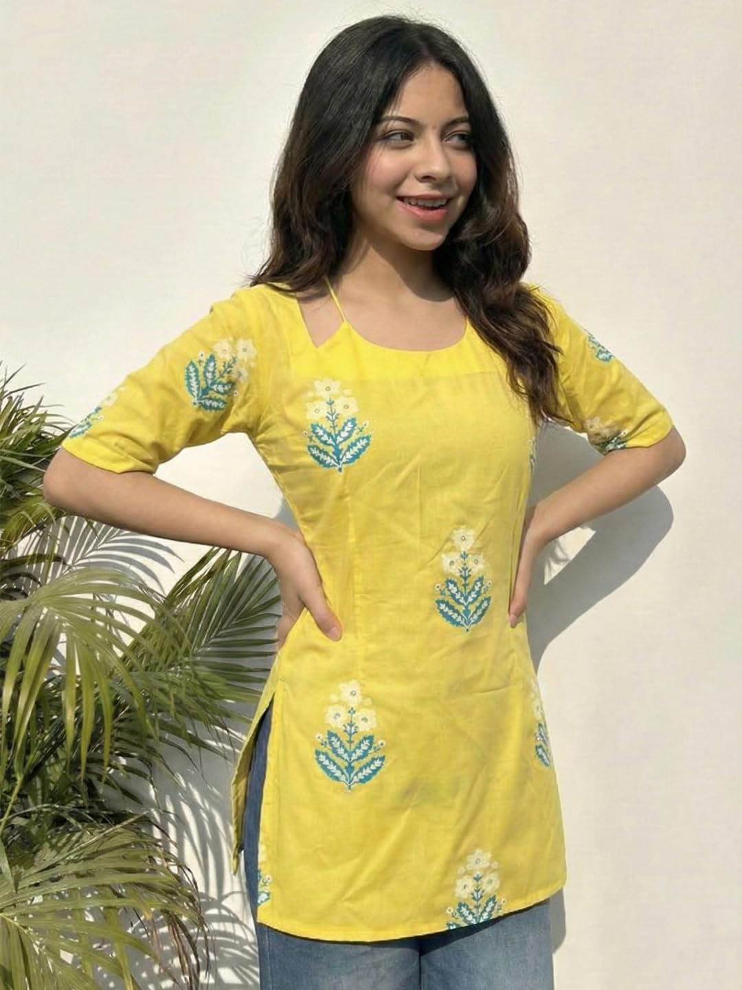 ANNI Designer Women’s Viscose Printed Short Kurti | Straight Fit Ethnic Top with Square Neck | Bell Sleeve Casual Indian Kurta for Office College, Party