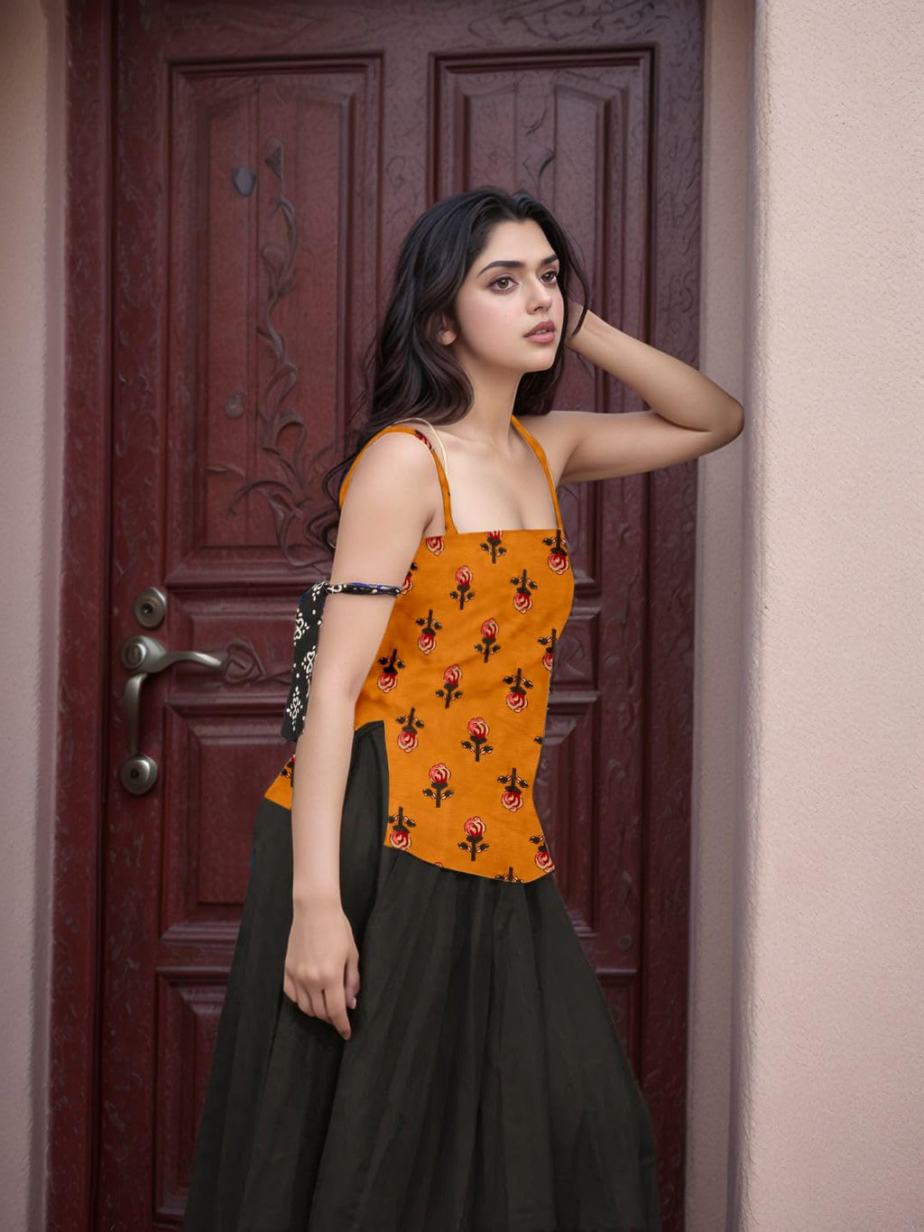 Aahwan Black Printed Square Neck Sleeveless Backless Short Indo-Western Ethnic Kurti Top for Women's & Girl's