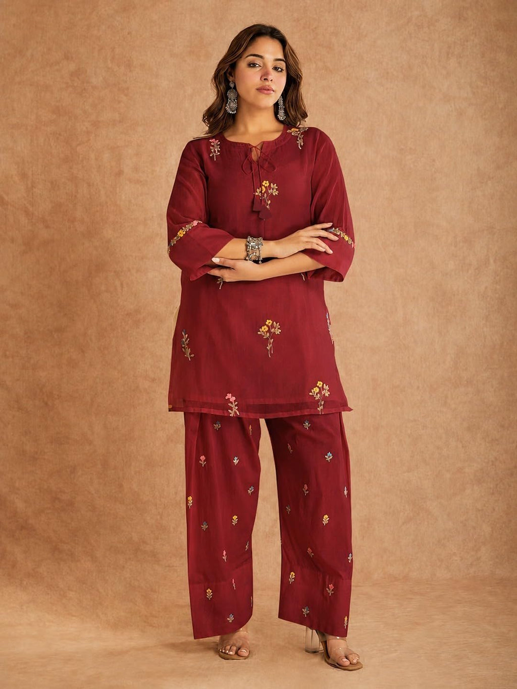 ANNI Designer Farshi Salwar Suit for Women Viscose Embroidered | Co Ord Set for Woman | Straight Kurta Palazzo Outfit Round Neck V Slit 3/4 Sleeve Ethnic Dress Womens Clothing