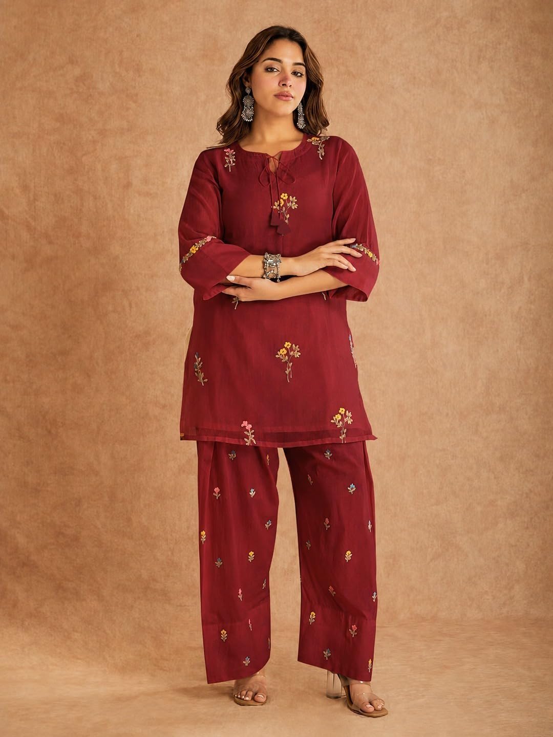 ANNI Designer Farshi Salwar Suit for Women Viscose Embroidered | Co Ord Set for Woman | Straight Kurta Palazzo Outfit Round Neck V Slit 3/4 Sleeve Ethnic Dress Womens Clothing