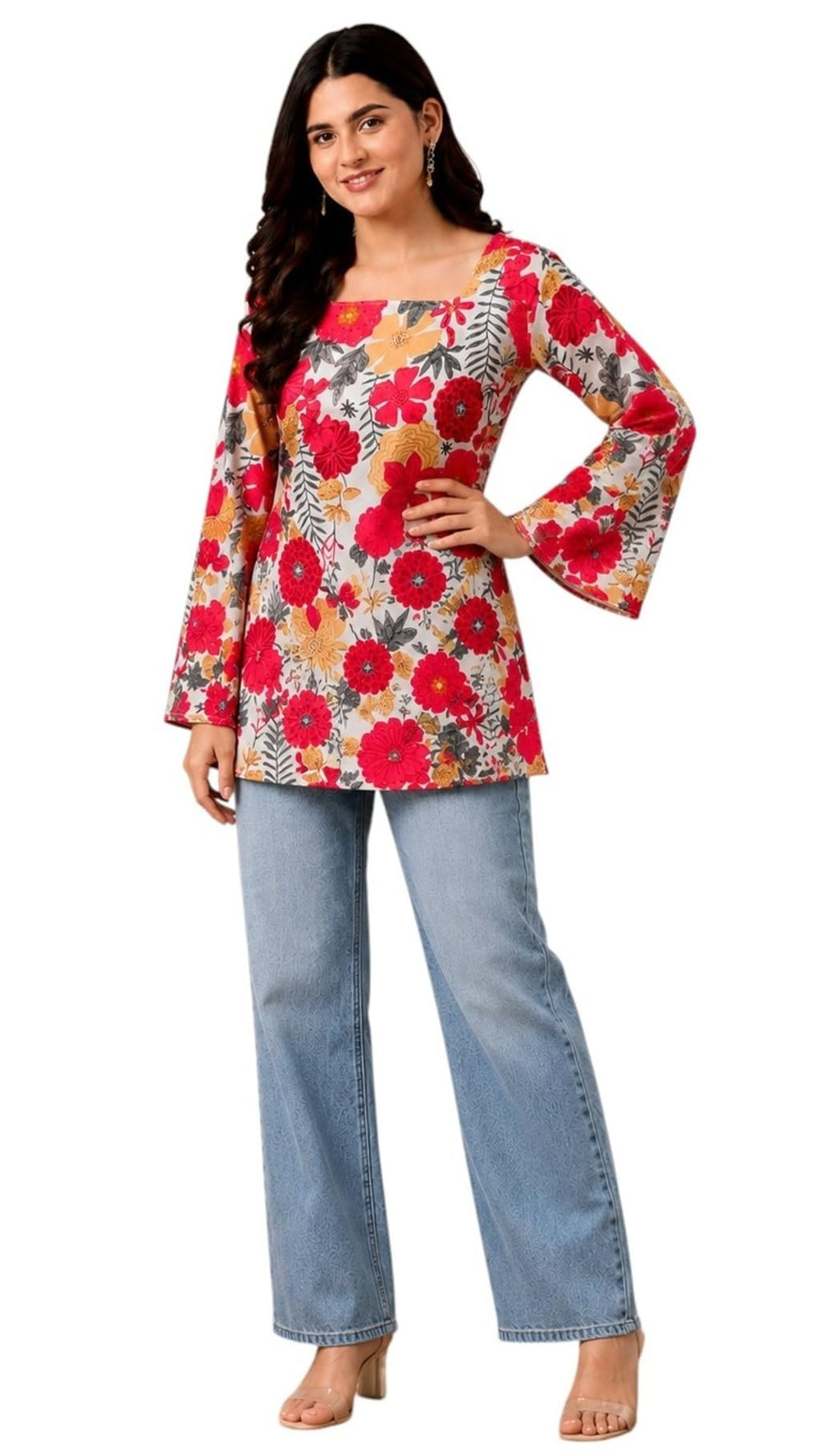 SONISHA Women's Rayon Floral Print Short Kurti for Women Elegance Square Neck, Long Sleeves with Style Criss Cross Back Kurti, Top for Office Wear, Casual, Outdoor
