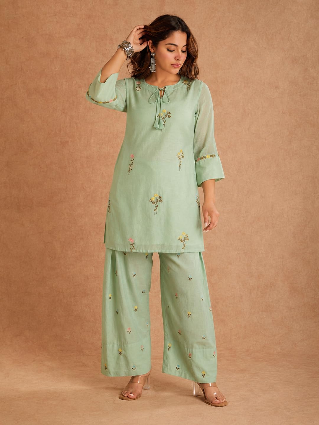 ANNI Designer Farshi Salwar Suit for Women Viscose Embroidered | Co Ord Set for Woman | Straight Kurta Palazzo Outfit Round Neck V Slit 3/4 Sleeve Ethnic Dress Womens Clothing