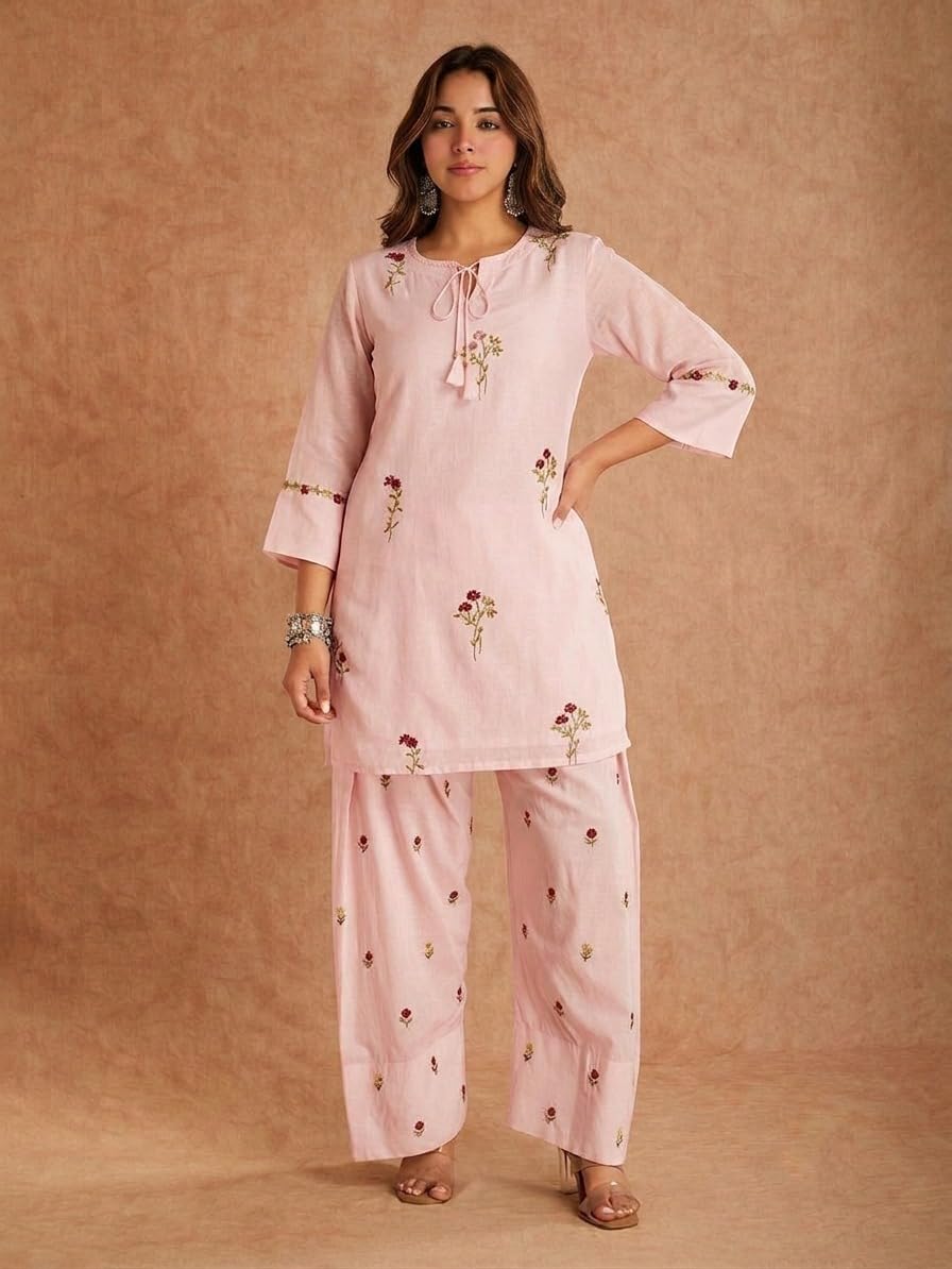 ANNI Designer Farshi Salwar Suit for Women Viscose Embroidered | Co Ord Set for Woman | Straight Kurta Palazzo Outfit Round Neck V Slit 3/4 Sleeve Ethnic Dress Womens Clothing