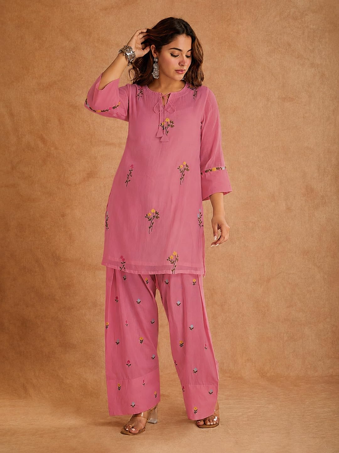 ANNI Designer Farshi Salwar Suit for Women Viscose Embroidered | Co Ord Set for Woman | Straight Kurta Palazzo Outfit Round Neck V Slit 3/4 Sleeve Ethnic Dress Womens Clothing