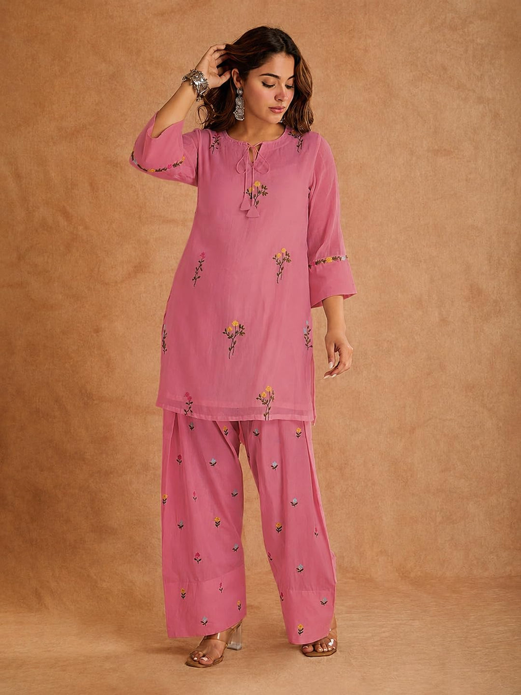 ANNI Designer Farshi Salwar Suit for Women Viscose Embroidered | Co Ord Set for Woman | Straight Kurta Palazzo Outfit Round Neck V Slit 3/4 Sleeve Ethnic Dress Womens Clothing