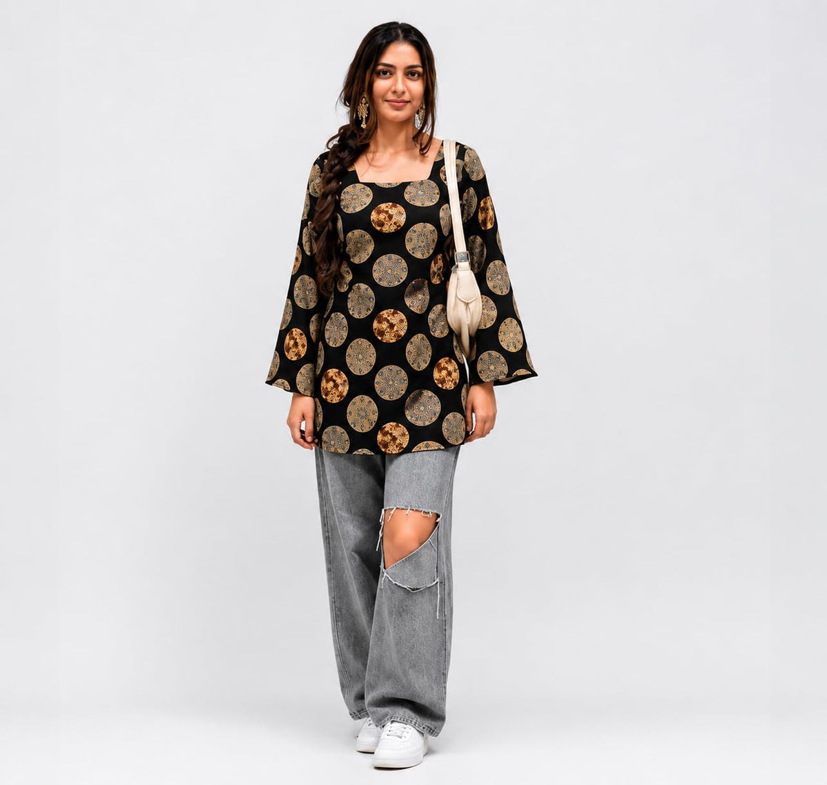 SONISHA Women's Rayon Floral Print Short Kurti for Women Elegance Square Neck, Long Sleeves with Style Criss Cross Back Kurti, Top for Office Wear, Casual, Outdoor