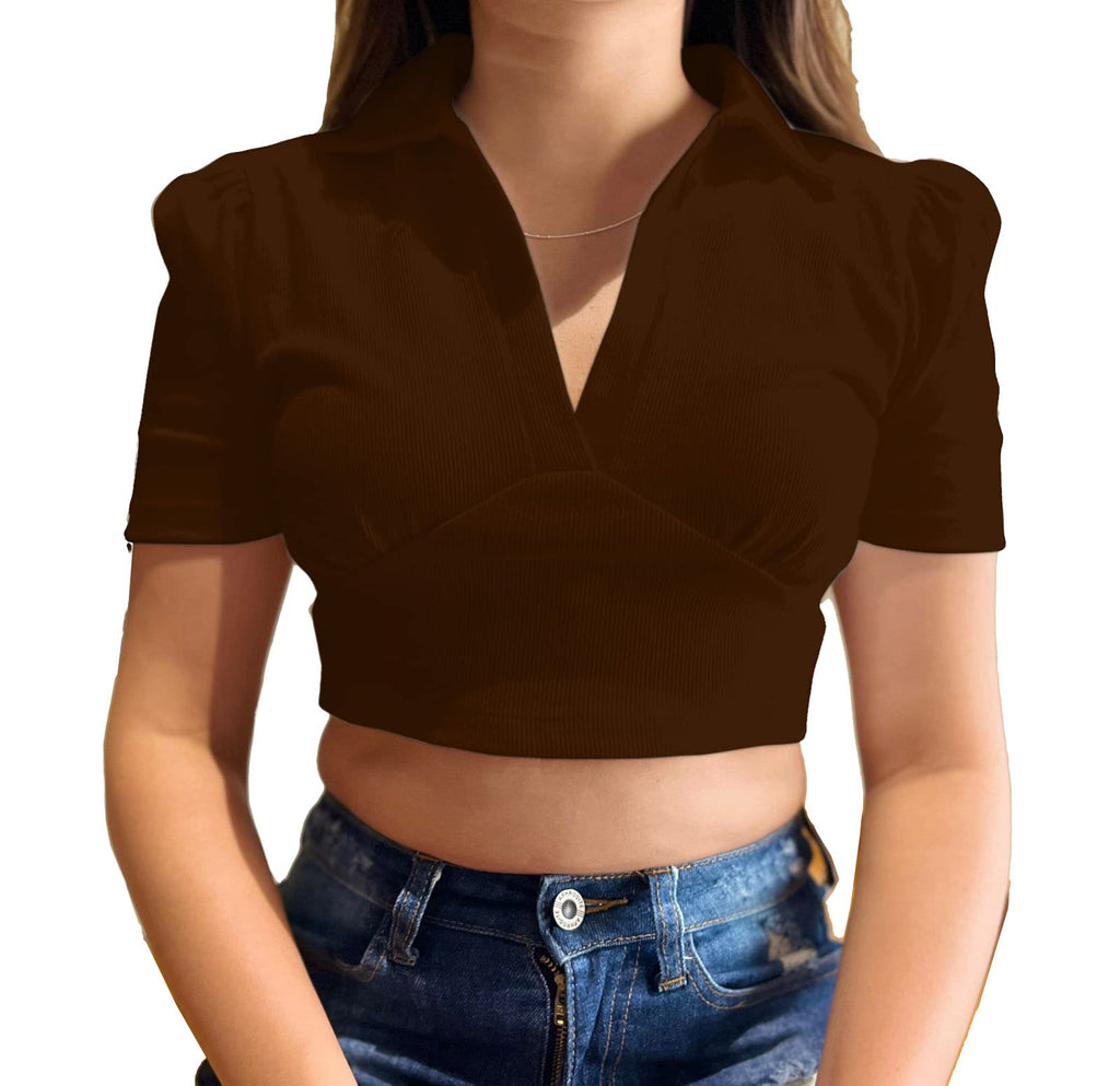 Aahwan Women's & Girls' Solid Basic V Neck Collared Ribbed Slim Fit Crop Top