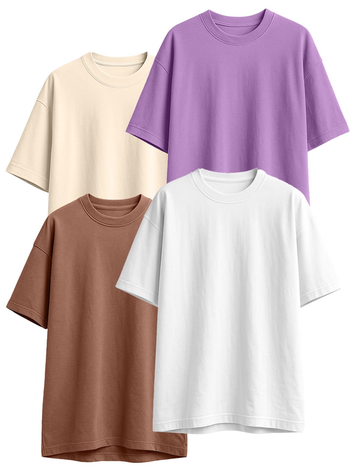 JUNEBERRY® 100% Pure Cotton Oversized Loose Fit Half Sleeve Drop Shoulder Solid Core Round Neck Multicolor T-Shirt Combo for Women (Pack of 4) (Colors: Black, White, Swanwhite, Brown, Lilac & Maroon)