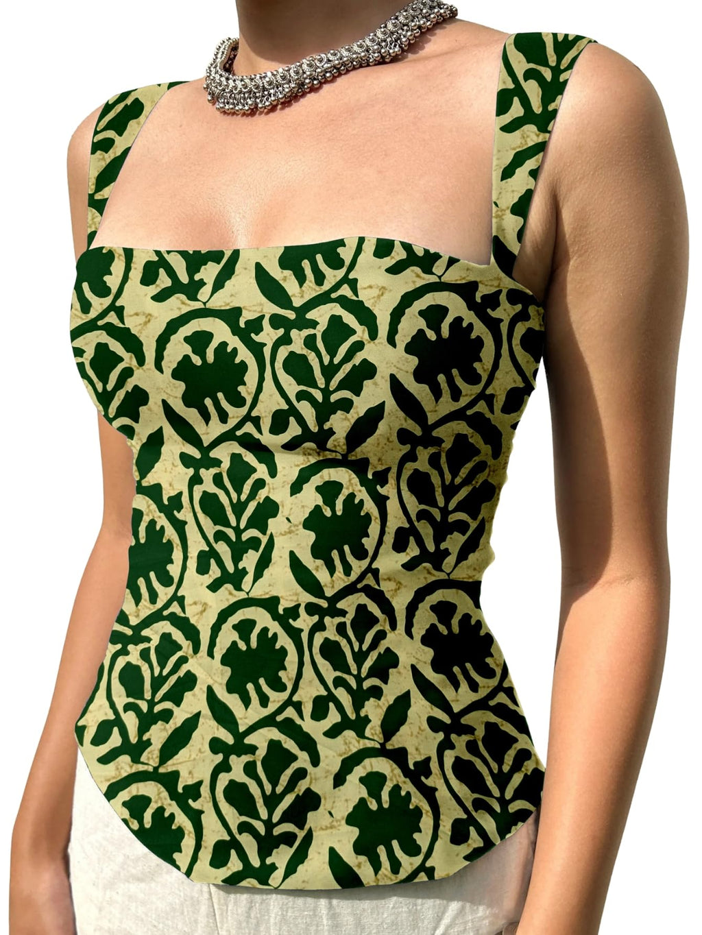 Aahwan Green Printed Square Neck Sleeveless Backless Short Indo-Western Ethnic Kurti Top for Women's & Girl's Ethnic Top for Women's & Girl's