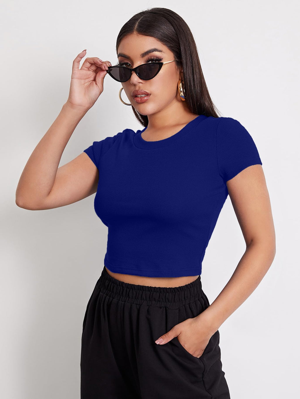 Aahwan Black Solid Ribbed Slim Fit Baby Tee Crop Top for Women's & Girls' (116_Black-L)