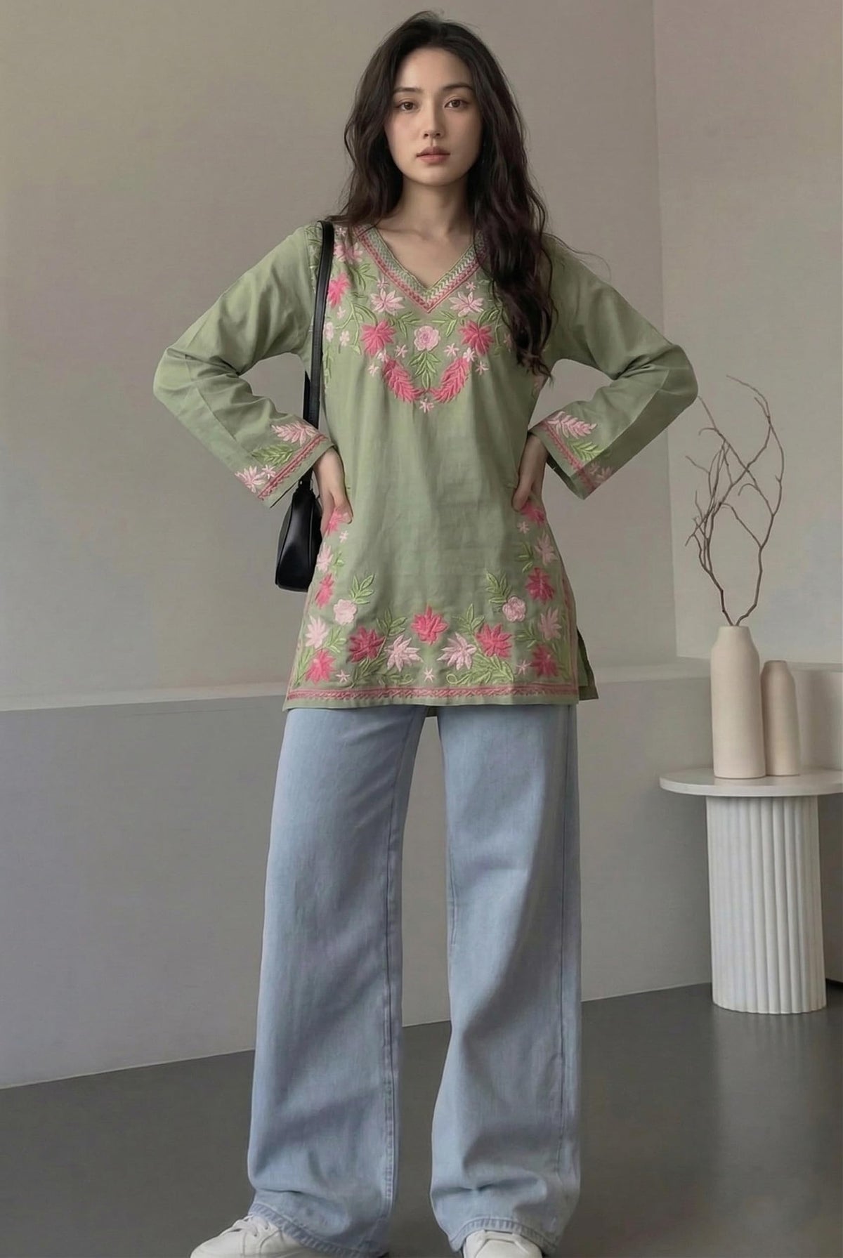 ANNI Designer Short Kurti for Women Viscose Embroidered | Kurti for Woman Regular Fit | V-Neck Full Sleeve Stylish Ladies Top Ethnic Wear Womens Clothing Trendy Kurta Tops