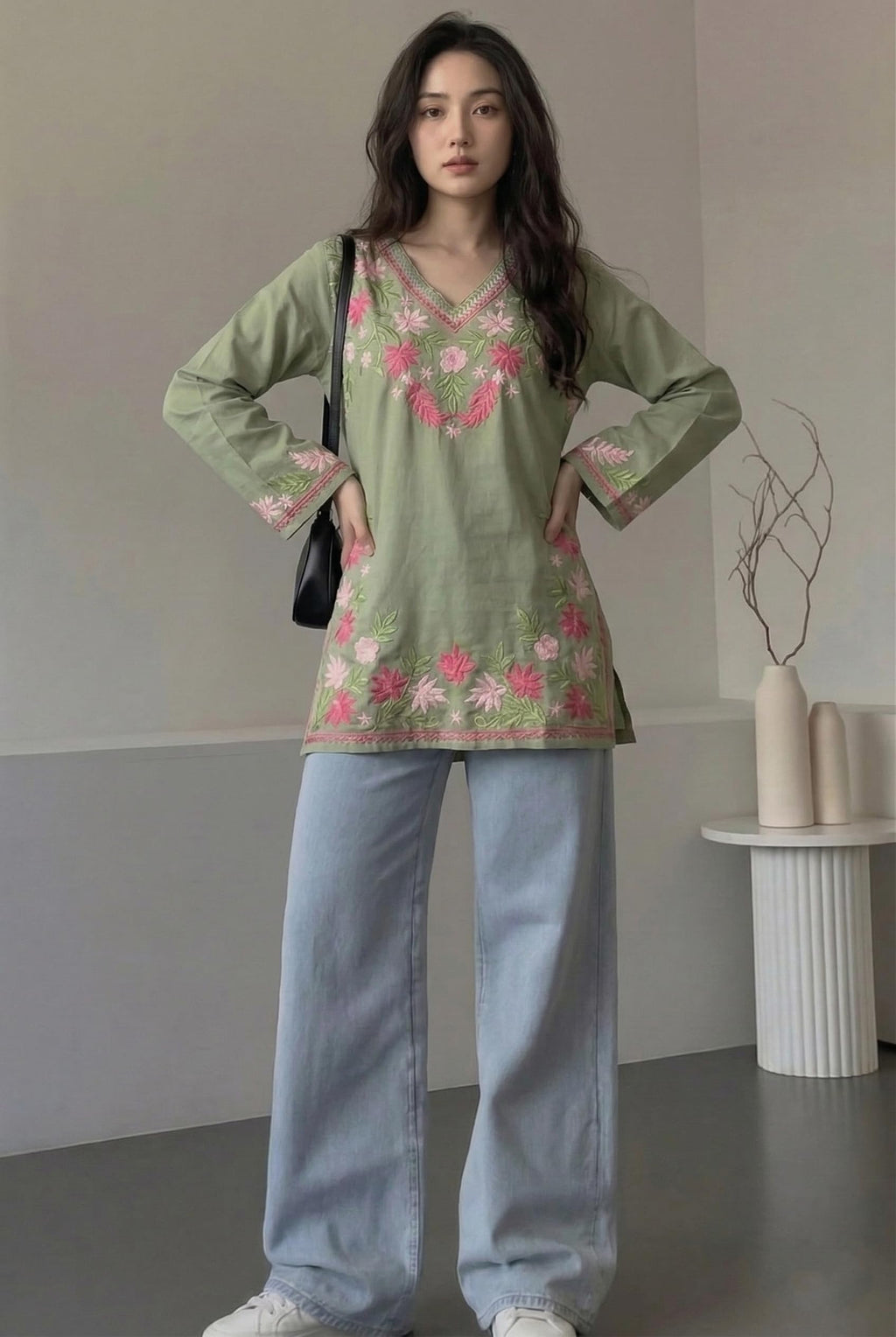ANNI Designer Short Kurti for Women Viscose Embroidered | Kurti for Woman Regular Fit | V-Neck Full Sleeve Stylish Ladies Top Ethnic Wear Womens Clothing Trendy Kurta Tops