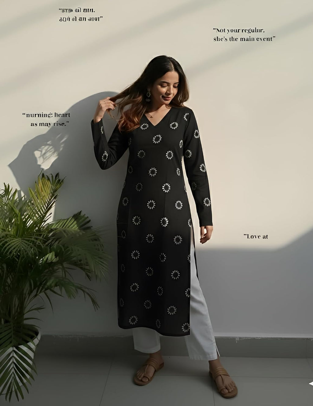 SAICHA Women's Rayon Printed Long Kurti, Black, Full Sleeve, Ankle Length