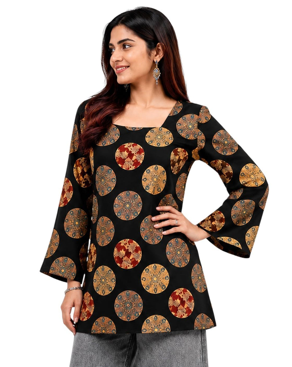SONISHA Women's Rayon Floral Print Short Kurti for Women Elegance Square Neck, Long Sleeves with Style Criss Cross Back Kurti, Top for Office Wear, Casual, Outdoor