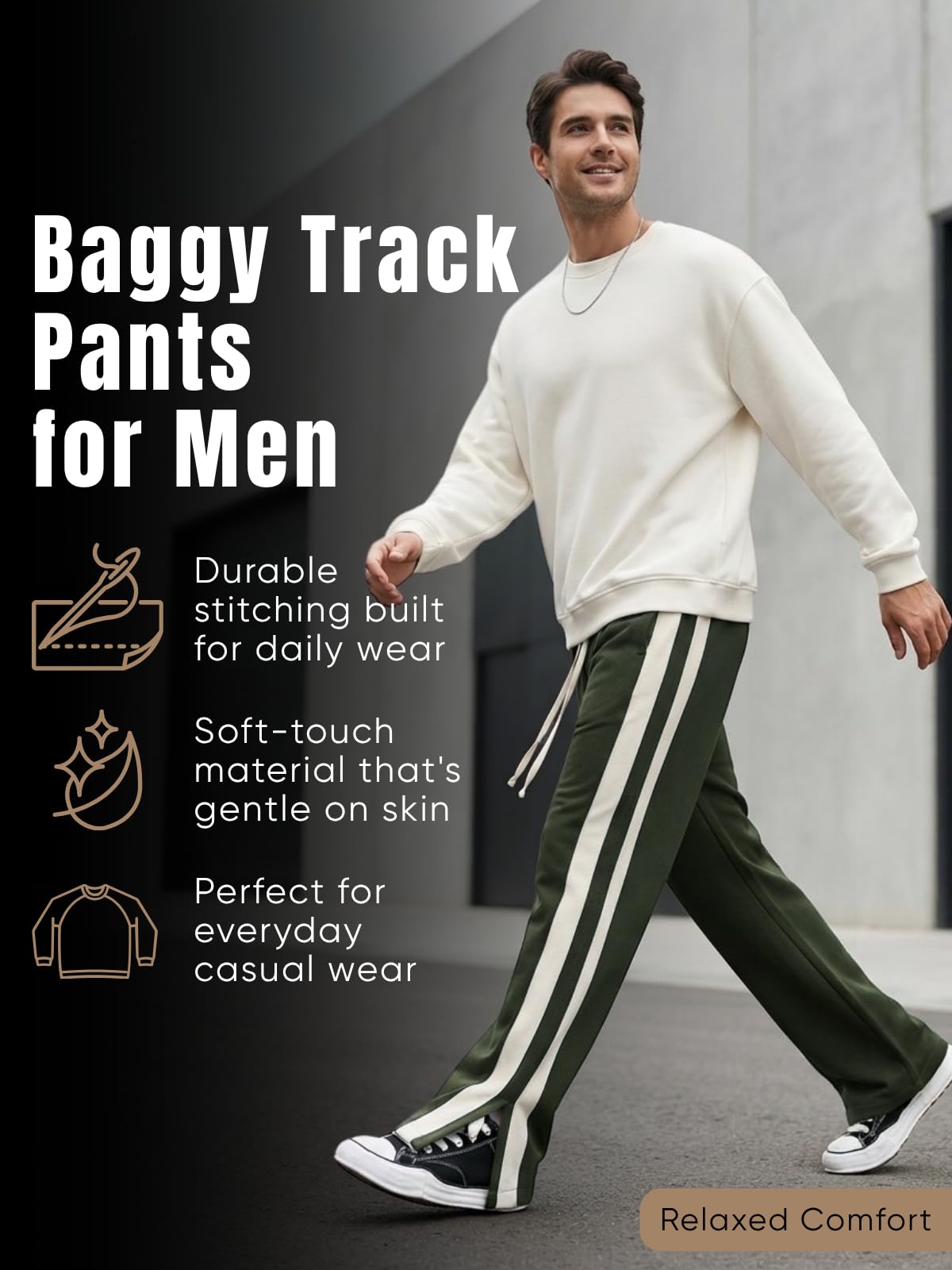 GRECIILOOKS Men Casual Trouser | Men’s Wide Leg Track Pants with Contrast Side Panel | Relaxed Drawstring Fit Streetwear Trousers | Loose Fit Joggers for Man