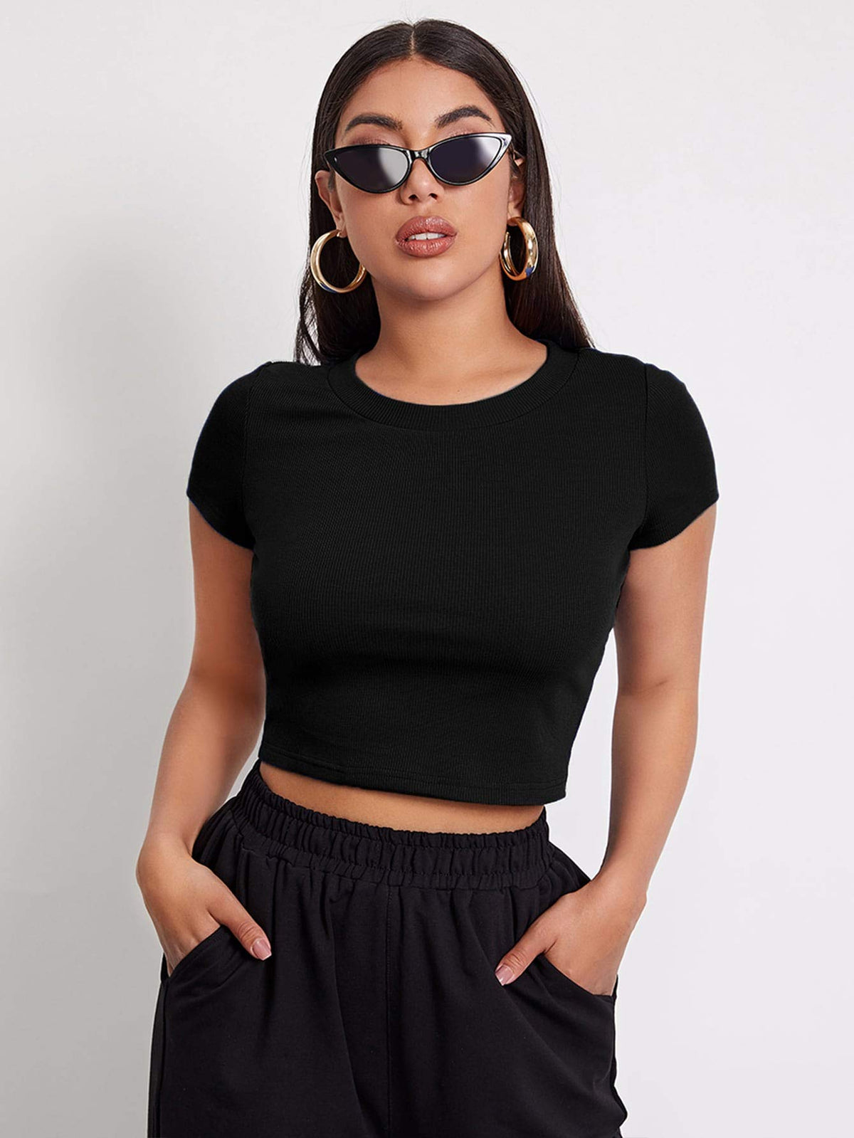 Aahwan Black Solid Ribbed Slim Fit Baby Tee Crop Top for Women's & Girls' (116_Black-L)