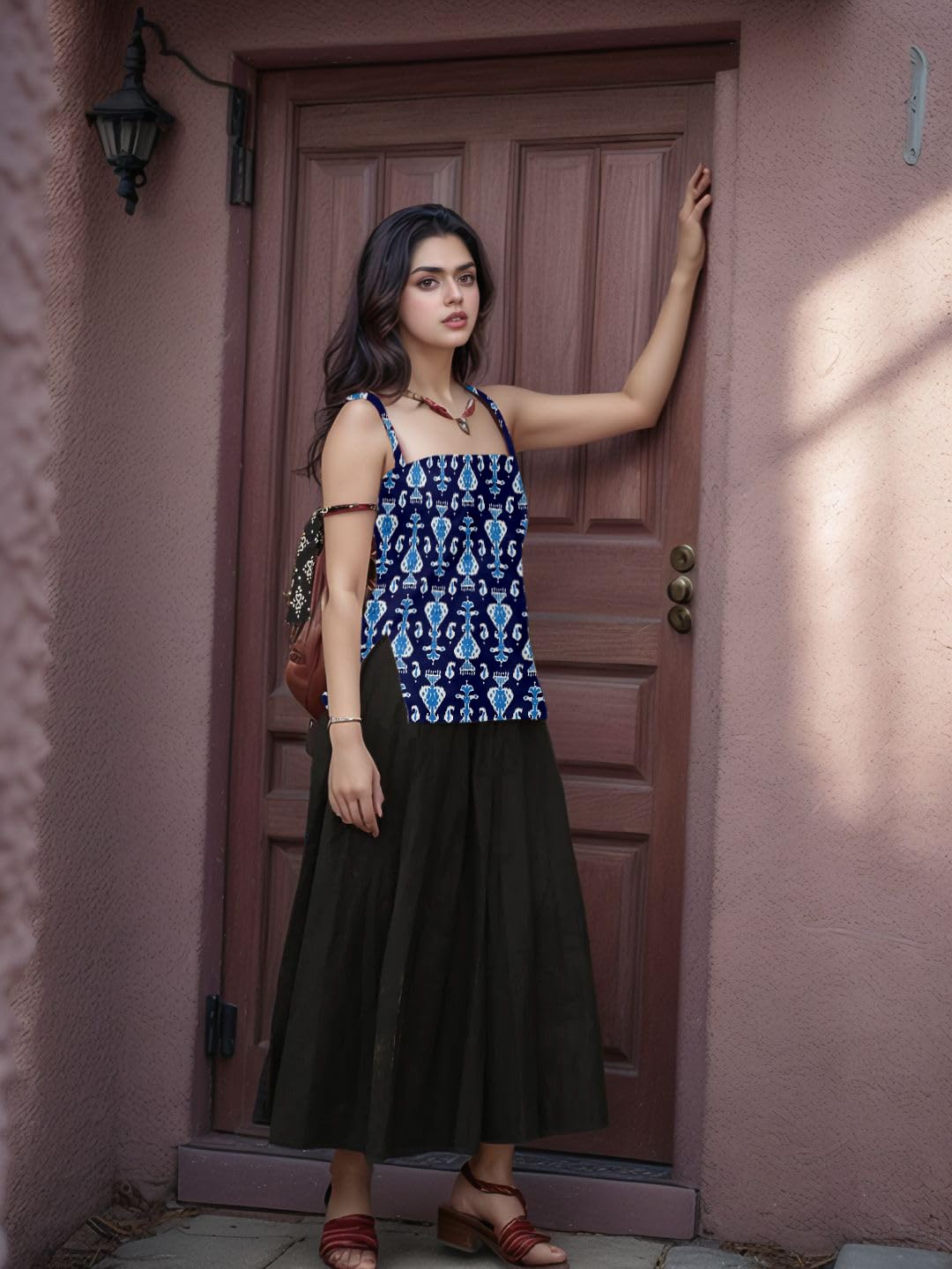 Aahwan Black Printed Square Neck Sleeveless Backless Short Indo-Western Ethnic Kurti Top for Women's & Girl's