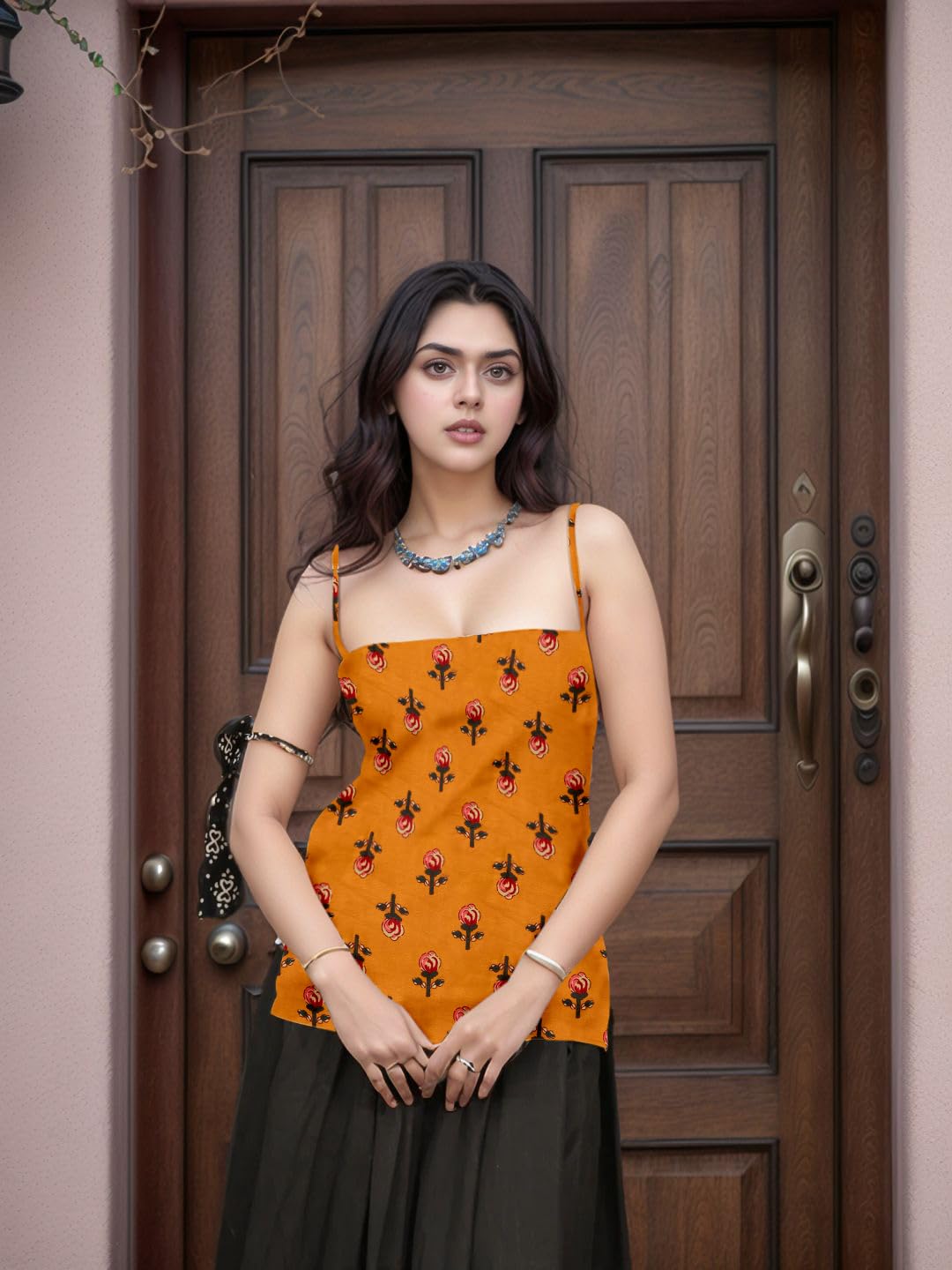 Aahwan Black Printed Square Neck Sleeveless Backless Short Indo-Western Ethnic Kurti Top for Women's & Girl's