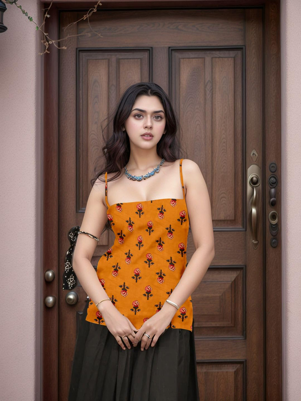 Aahwan Black Printed Square Neck Sleeveless Backless Short Indo-Western Ethnic Kurti Top for Women's & Girl's