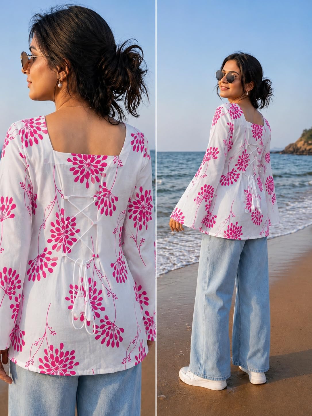 SONISHA Women's Rayon Floral Print Short Kurti for Women Elegance Square Neck, Long Sleeves with Style Criss Cross Back Kurti, Top for Office Wear, Casual, Outdoor