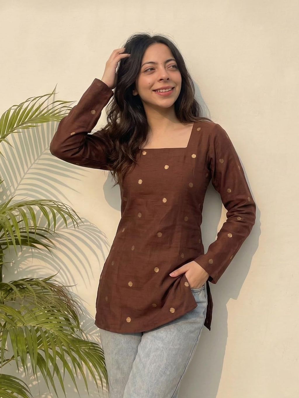 ANNI Designer Women’s Viscose Printed Short Kurti | Straight Fit Ethnic Top with Square Neck | Bell Sleeve Casual Indian Kurta for Office College, Party