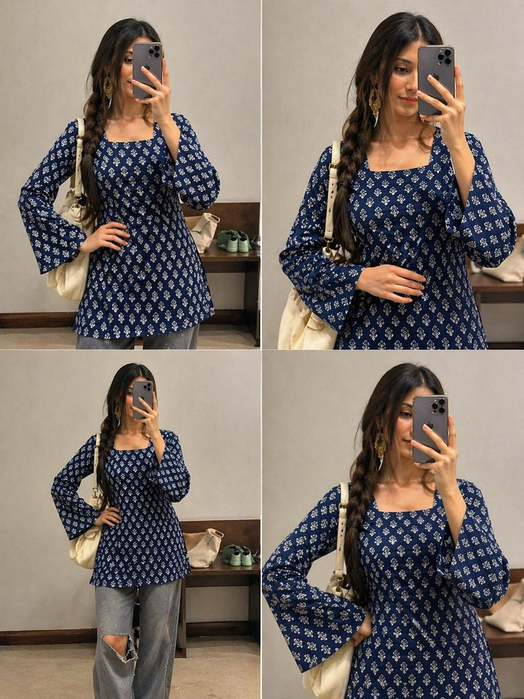 SONISHA Women's Rayon Floral Print Short Kurti for Women Elegance Square Neck, Long Sleeves with Style Criss Cross Back Kurti, Top for Office Wear, Casual, Outdoor
