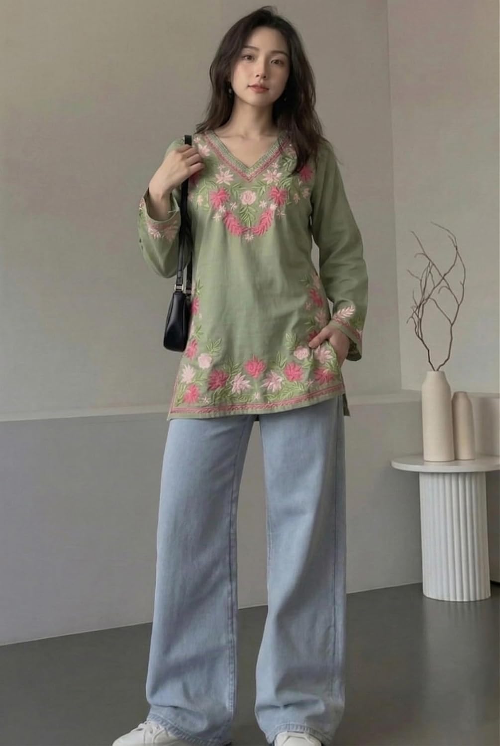 ANNI Designer Short Kurti for Women Viscose Embroidered | Kurti for Woman Regular Fit | V-Neck Full Sleeve Stylish Ladies Top Ethnic Wear Womens Clothing Trendy Kurta Tops