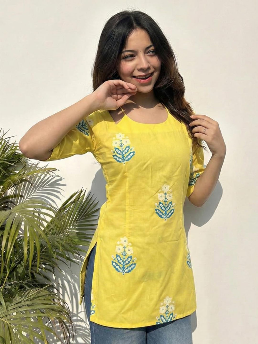 ANNI Designer Women’s Viscose Printed Short Kurti | Straight Fit Ethnic Top with Square Neck | Bell Sleeve Casual Indian Kurta for Office College, Party