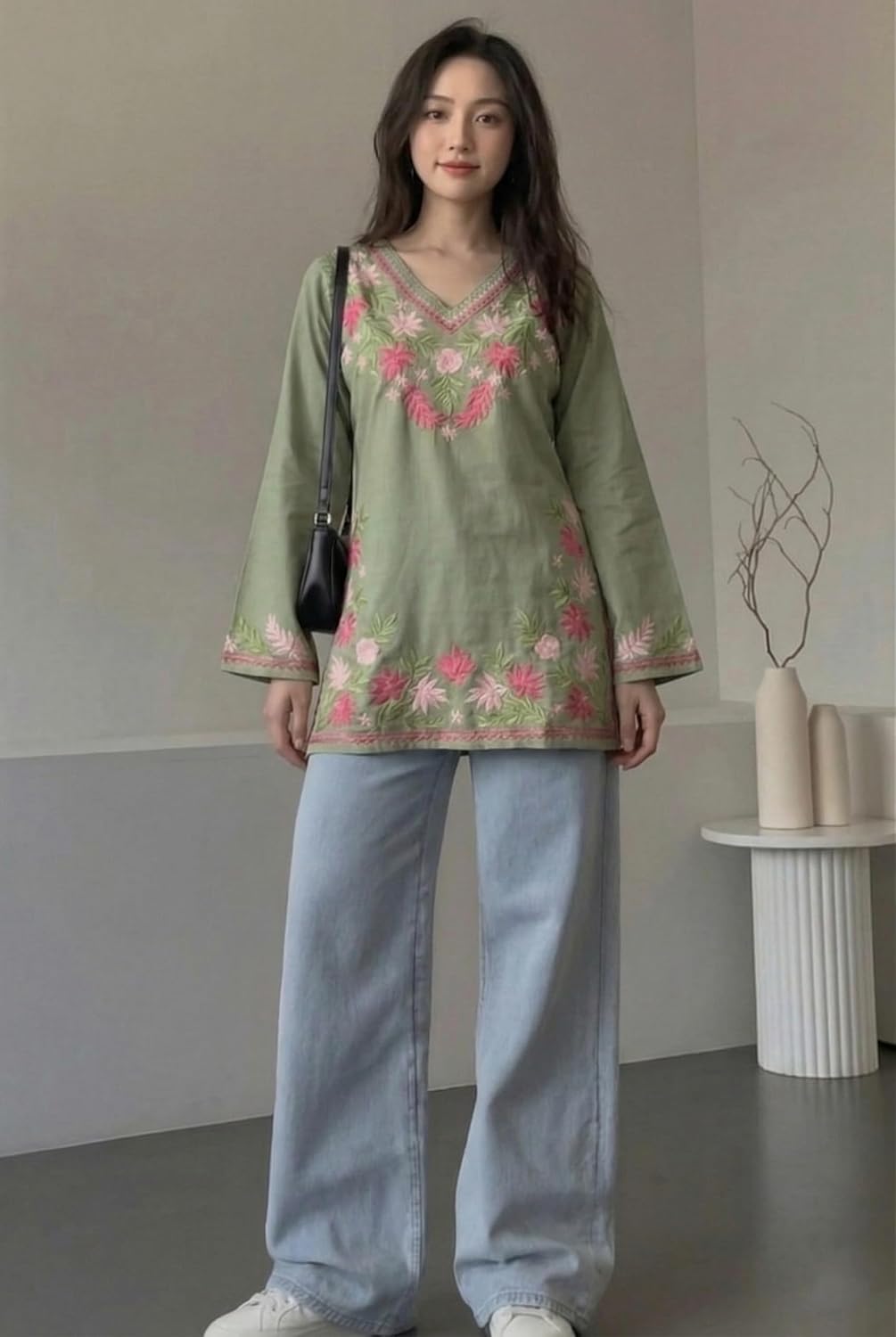 ANNI Designer Short Kurti for Women Viscose Embroidered | Kurti for Woman Regular Fit | V-Neck Full Sleeve Stylish Ladies Top Ethnic Wear Womens Clothing Trendy Kurta Tops