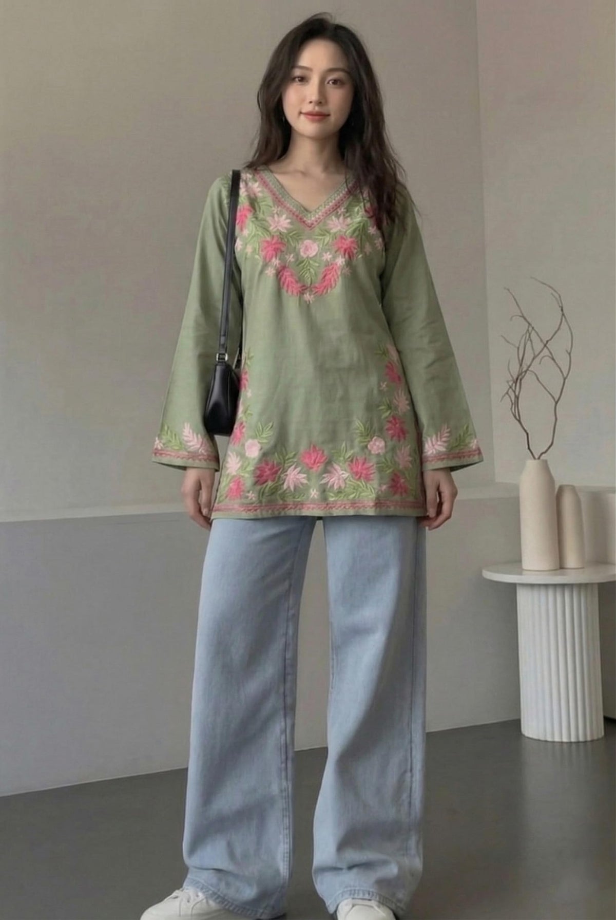 ANNI Designer Short Kurti for Women Viscose Embroidered | Kurti for Woman Regular Fit | V-Neck Full Sleeve Stylish Ladies Top Ethnic Wear Womens Clothing Trendy Kurta Tops