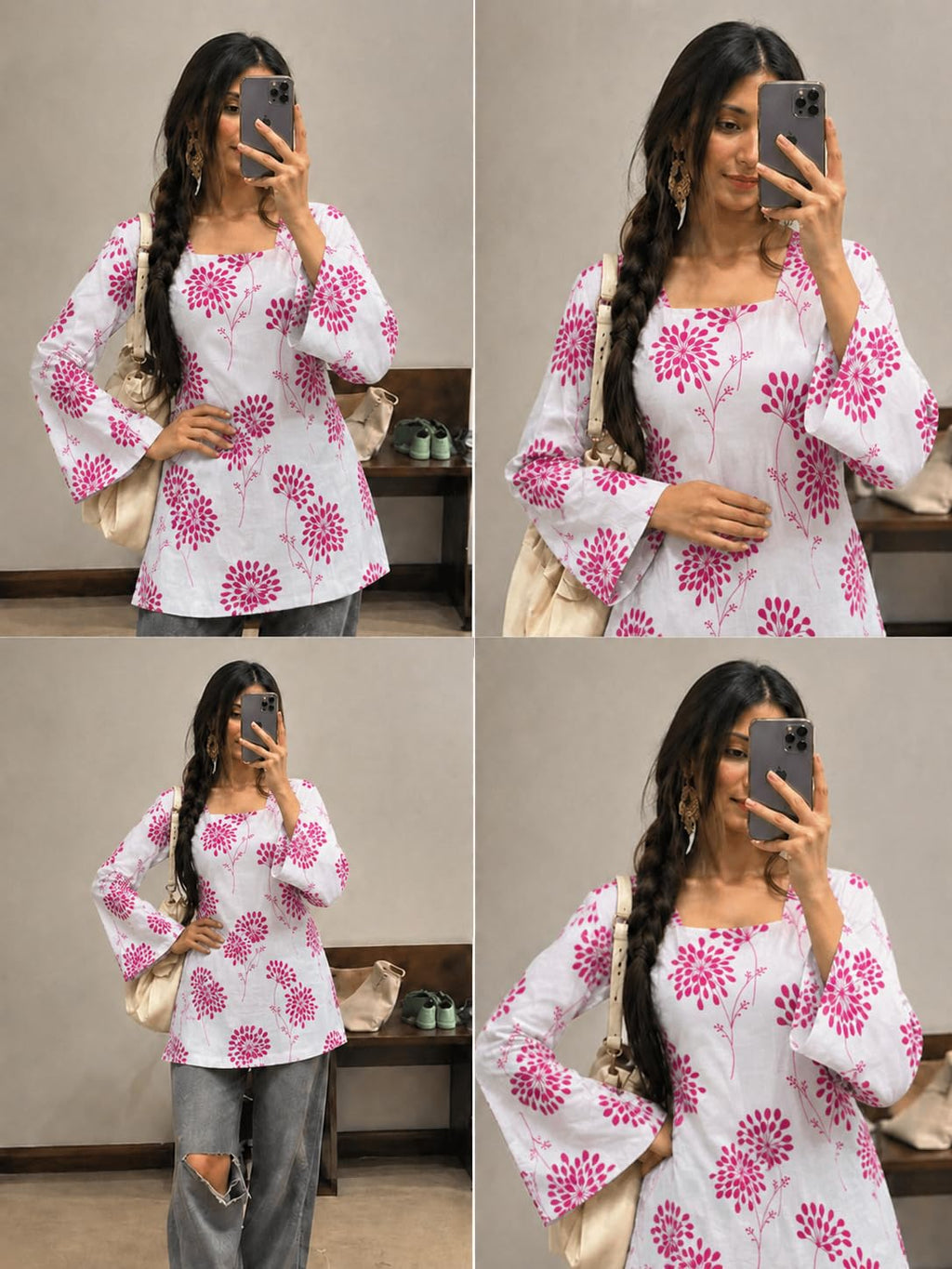 SONISHA Women's Rayon Floral Print Short Kurti for Women Elegance Square Neck, Long Sleeves with Style Criss Cross Back Kurti, Top for Office Wear, Casual, Outdoor
