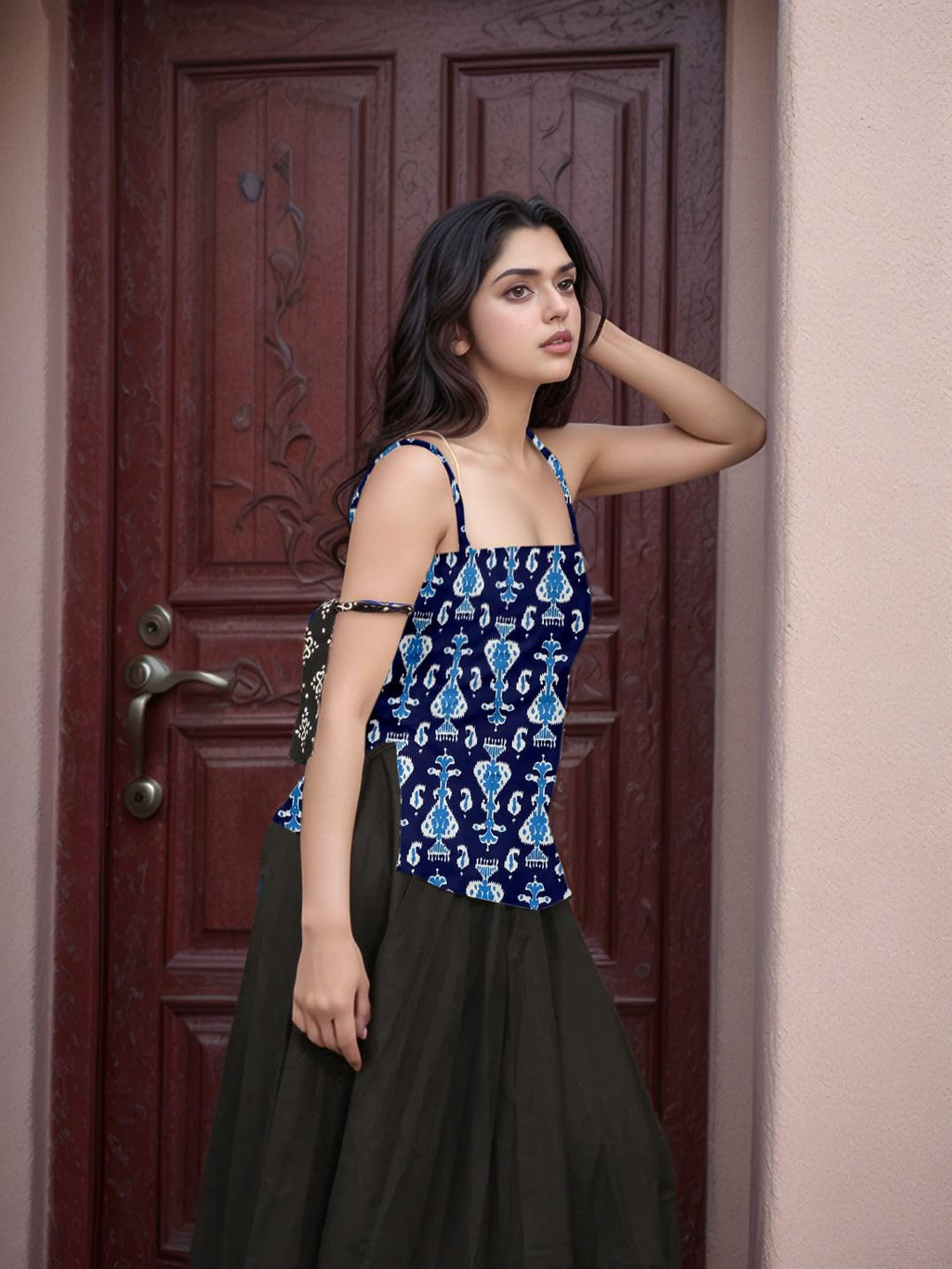 Aahwan Black Printed Square Neck Sleeveless Backless Short Indo-Western Ethnic Kurti Top for Women's & Girl's