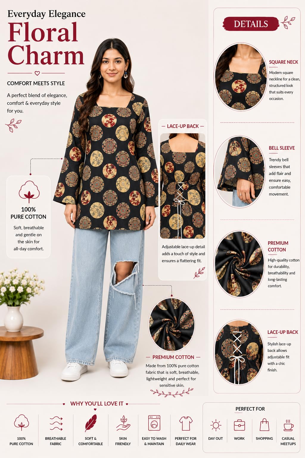 SONISHA Women's Rayon Floral Print Short Kurti for Women Elegance Square Neck, Long Sleeves with Style Criss Cross Back Kurti, Top for Office Wear, Casual, Outdoor