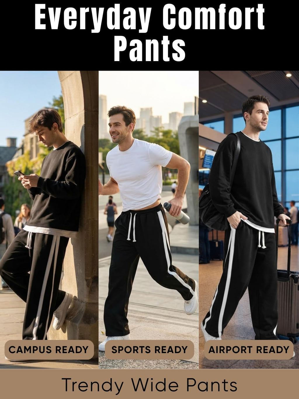 GRECIILOOKS Men Casual Trouser | Men’s Wide Leg Track Pants with Contrast Side Panel | Relaxed Drawstring Fit Streetwear Trousers | Loose Fit Joggers for Man