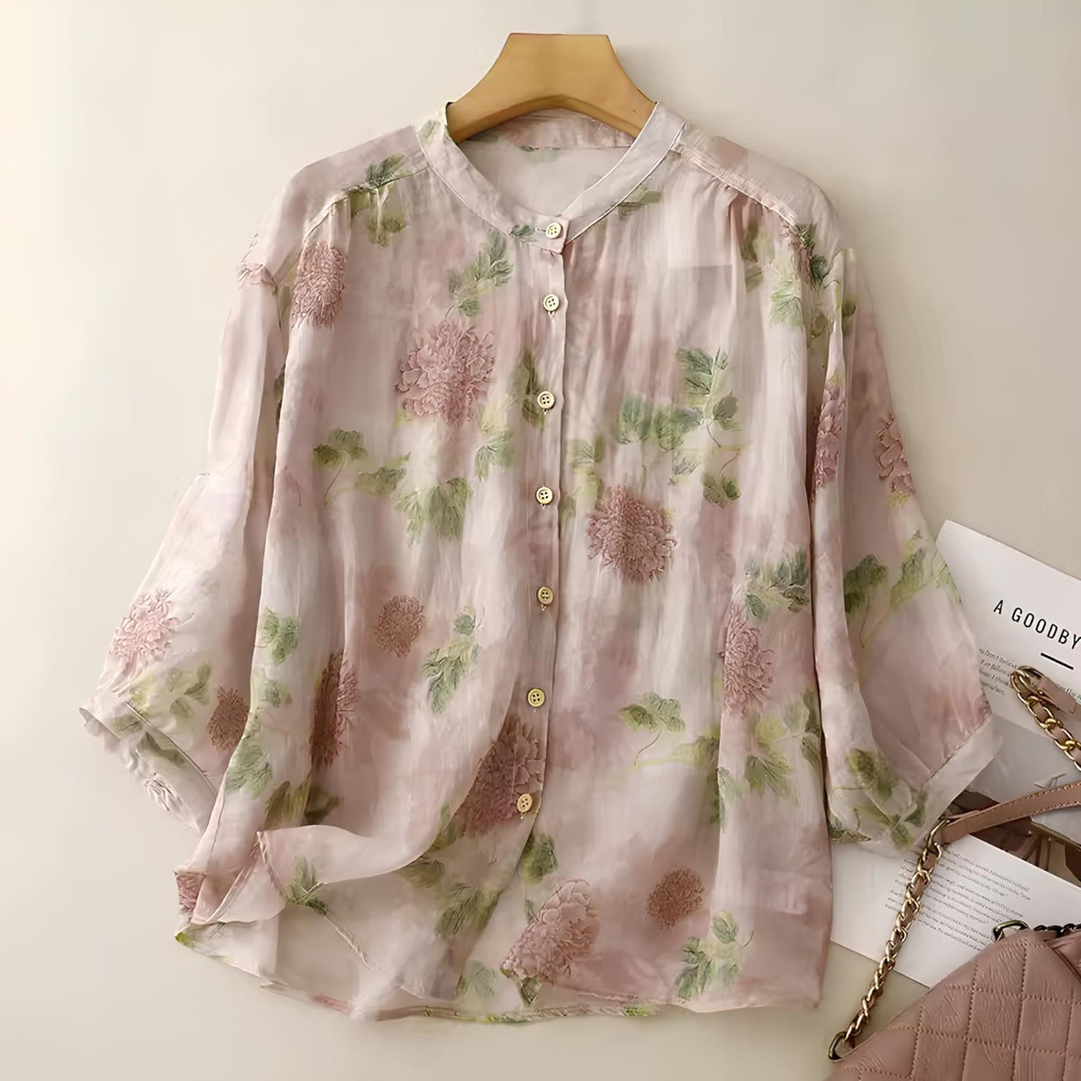 Gufrina Women’s Light Rose Floral Printed Button Down Shirt with Mandarin Collar and Relaxed Fit 3/4 Sleeves