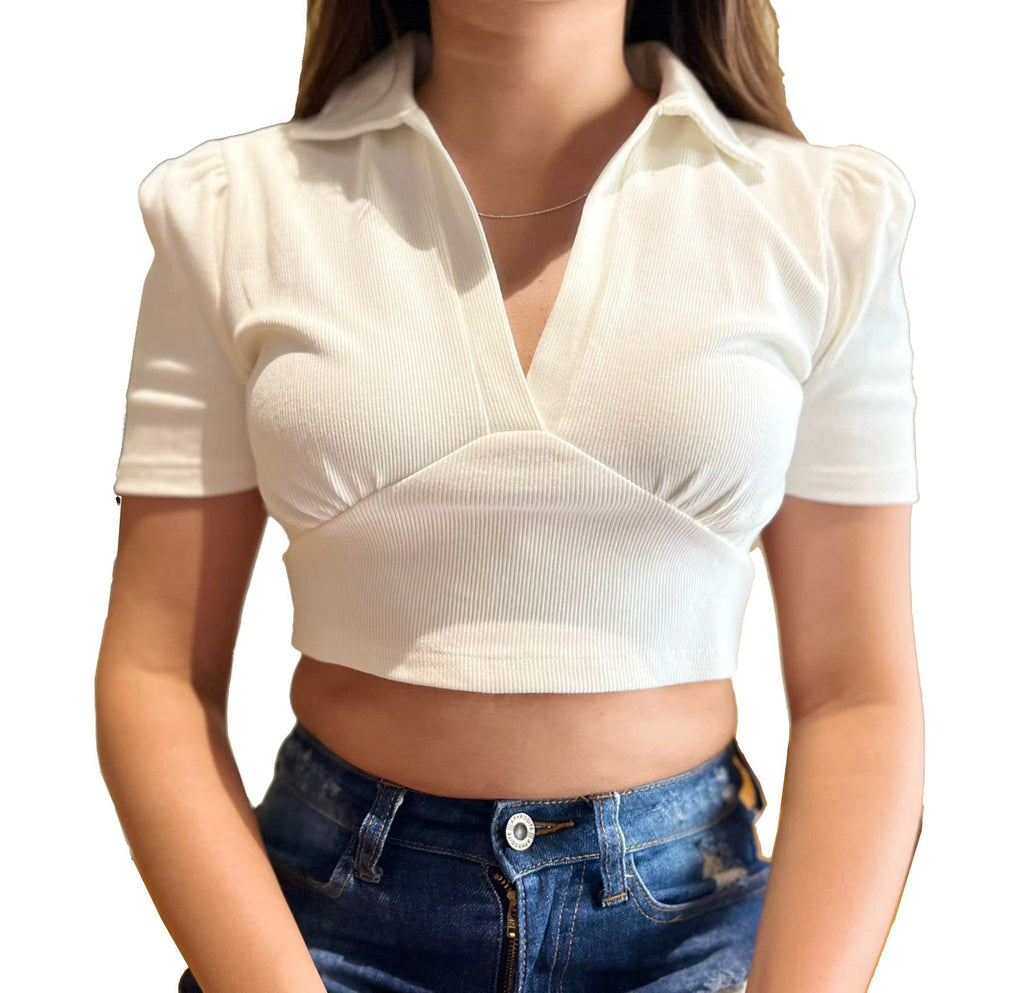 Aahwan Women's & Girls' Solid Basic V Neck Collared Ribbed Slim Fit Crop Top