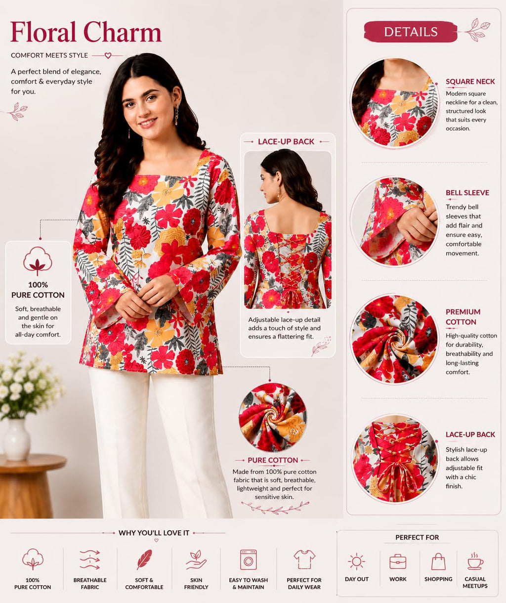 SONISHA Women's Rayon Floral Print Short Kurti for Women Elegance Square Neck, Long Sleeves with Style Criss Cross Back Kurti, Top for Office Wear, Casual, Outdoor