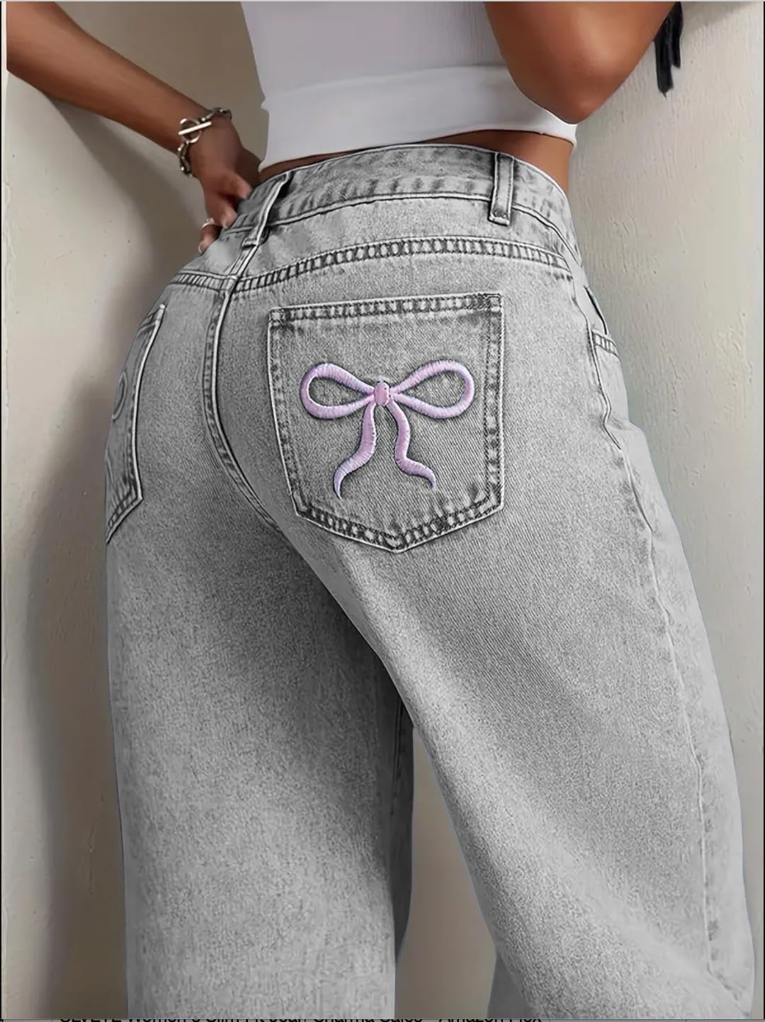 Nifty Women's Denim Stretchable High Waist Light Wash Baggy Jeans || Back Pocket Bow tie Detail