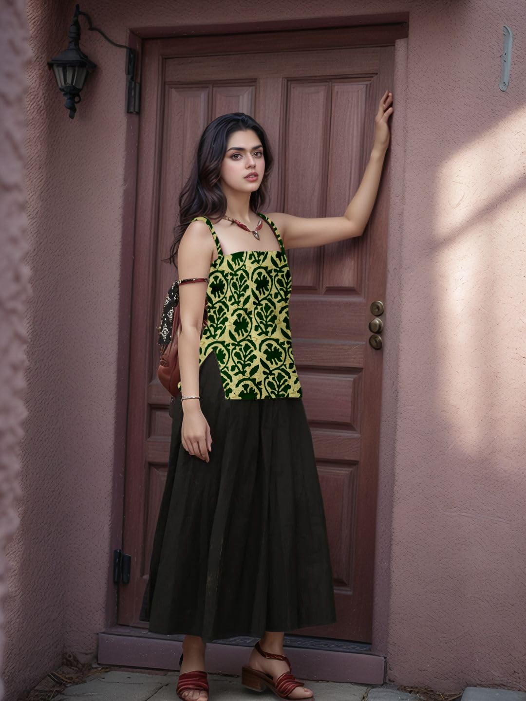 Aahwan Black Printed Square Neck Sleeveless Backless Short Indo-Western Ethnic Kurti Top for Women's & Girl's