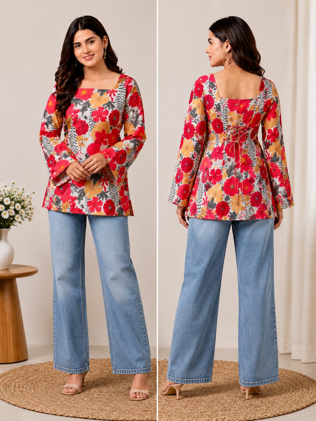 SONISHA Women's Rayon Floral Print Short Kurti for Women Elegance Square Neck, Long Sleeves with Style Criss Cross Back Kurti, Top for Office Wear, Casual, Outdoor