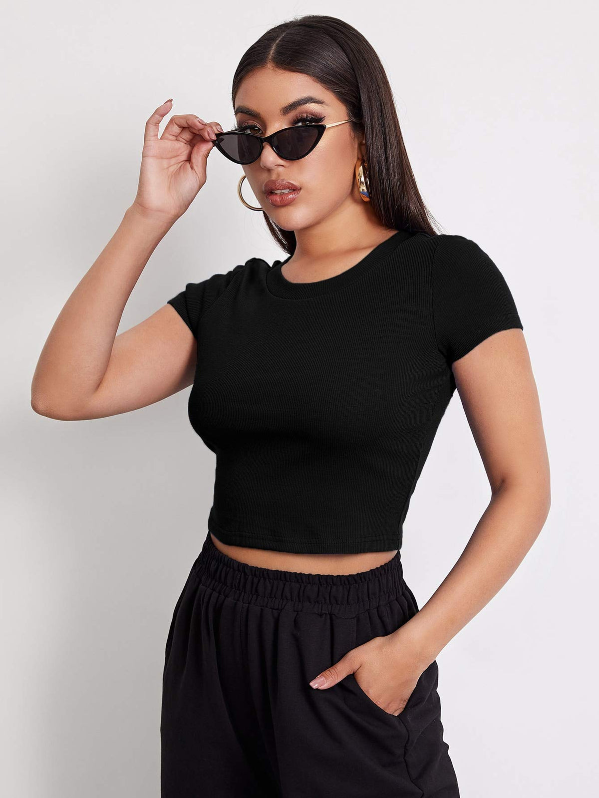 Aahwan Black Solid Ribbed Slim Fit Baby Tee Crop Top for Women's & Girls' (116_Black-L)