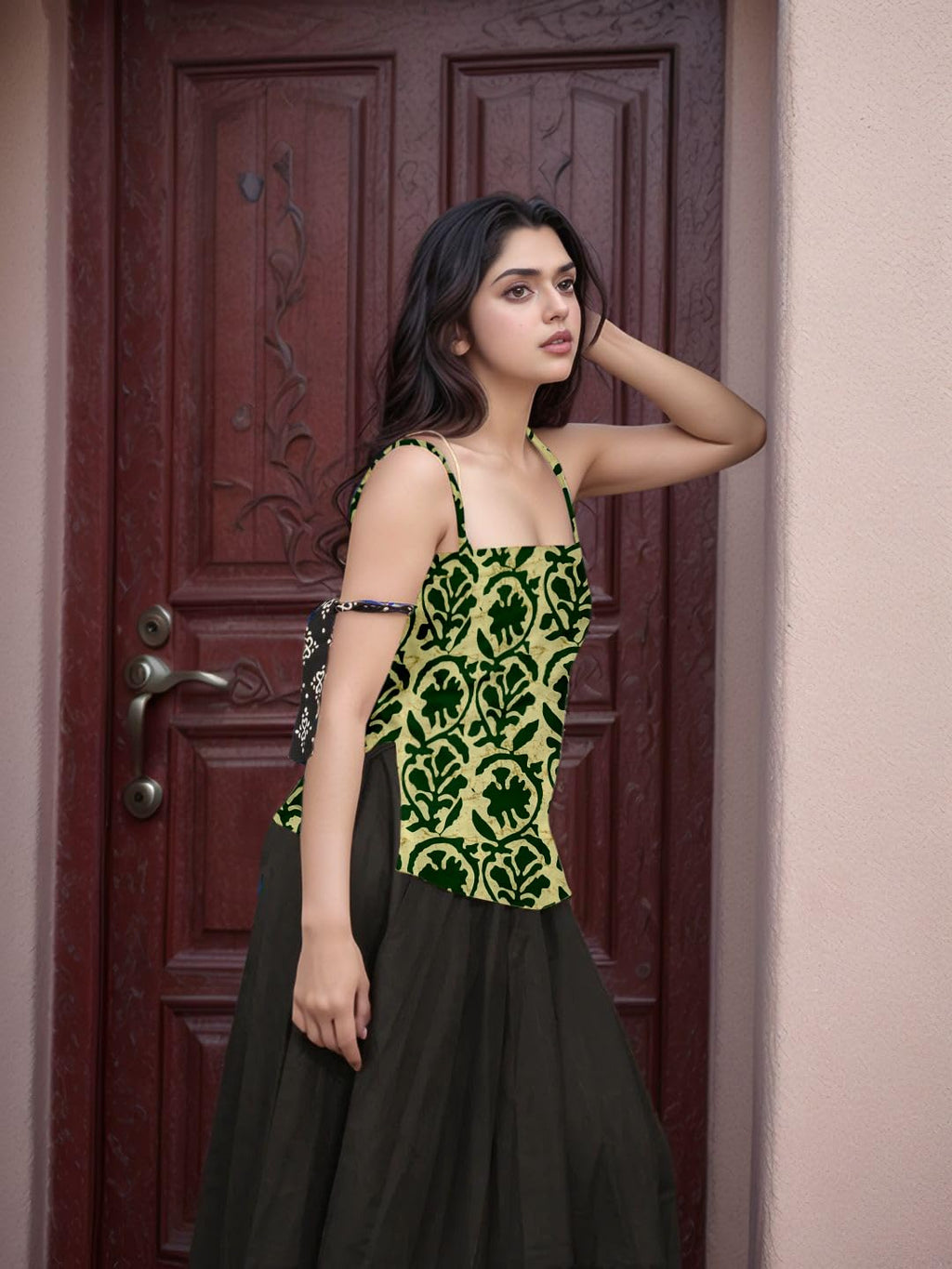 Aahwan Black Printed Square Neck Sleeveless Backless Short Indo-Western Ethnic Kurti Top for Women's & Girl's