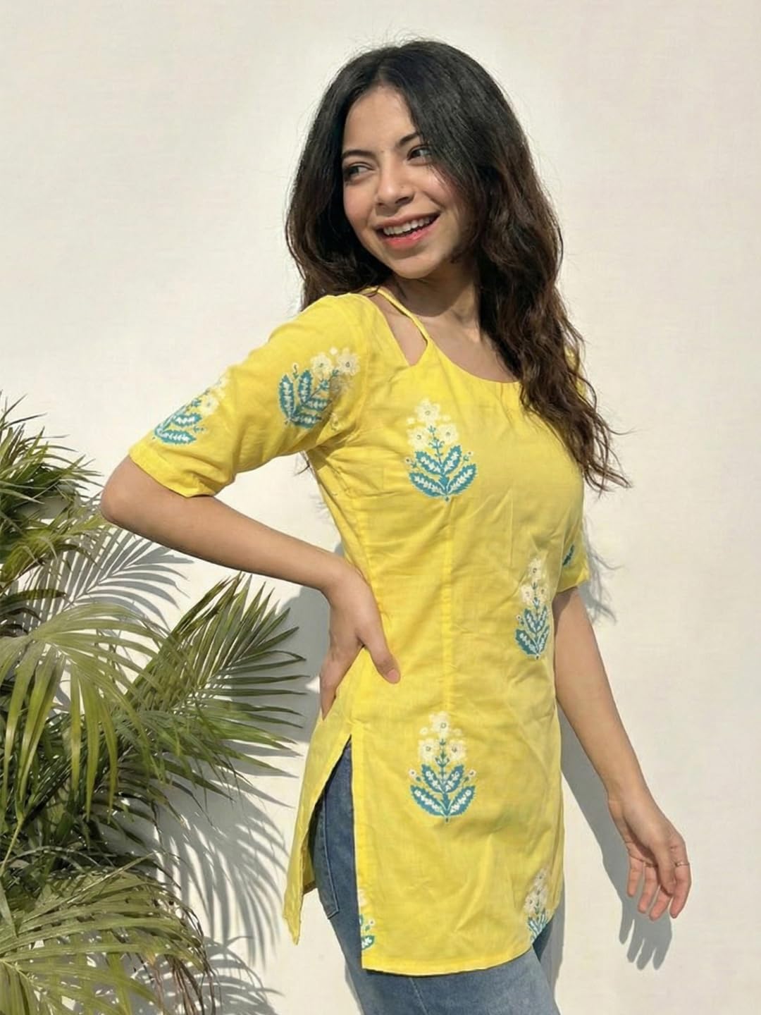 ANNI Designer Women’s Viscose Printed Short Kurti | Straight Fit Ethnic Top with Square Neck | Bell Sleeve Casual Indian Kurta for Office College, Party