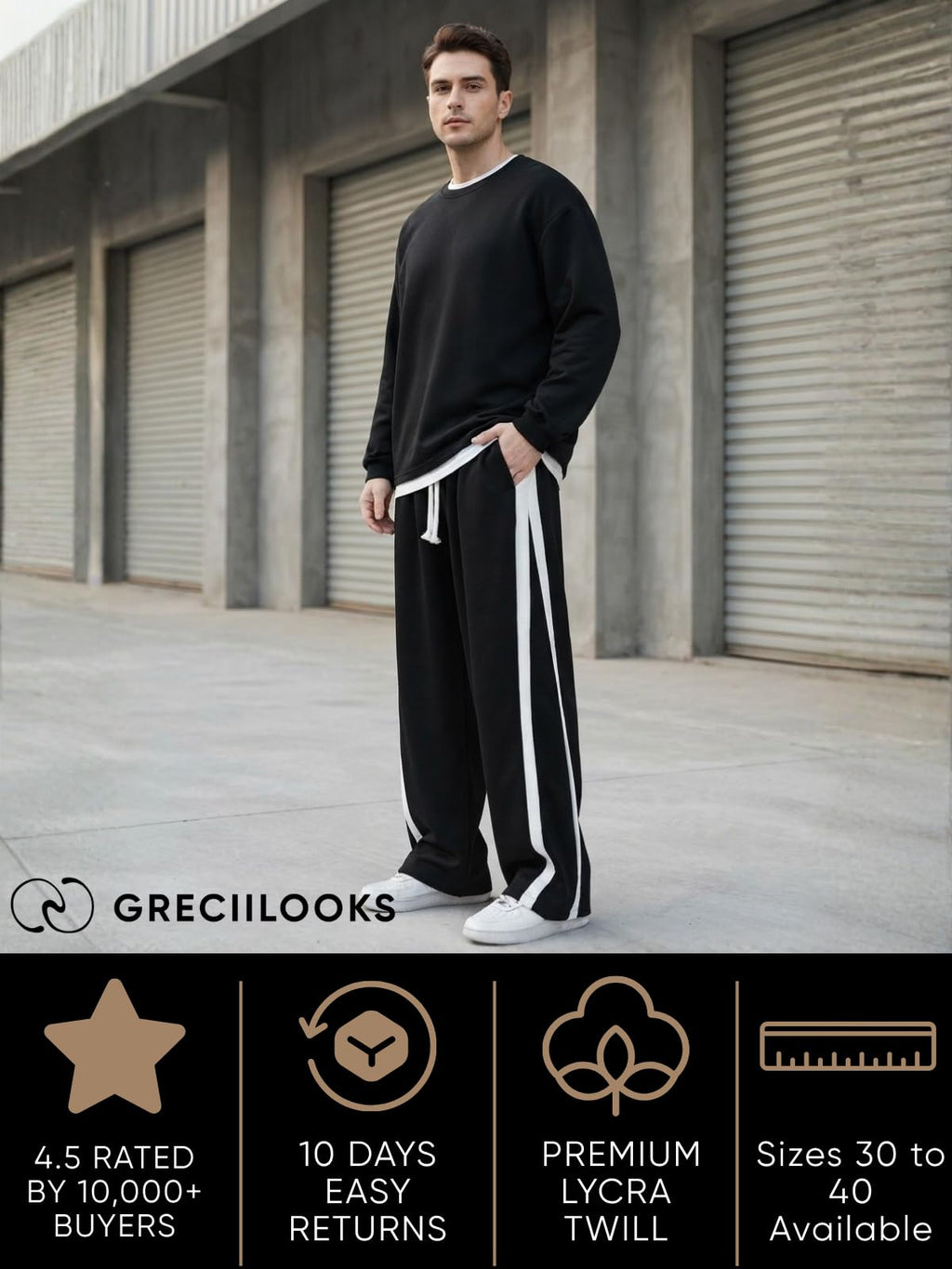 GRECIILOOKS Men Casual Trouser | Men’s Wide Leg Track Pants with Contrast Side Panel | Relaxed Drawstring Fit Streetwear Trousers | Loose Fit Joggers for Man