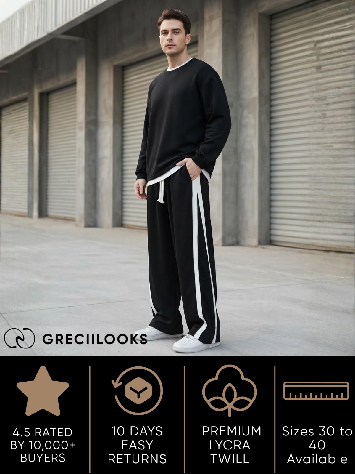 GRECIILOOKS Men Casual Trouser | Men’s Wide Leg Track Pants with Contrast Side Panel | Relaxed Drawstring Fit Streetwear Trousers | Loose Fit Joggers for Man