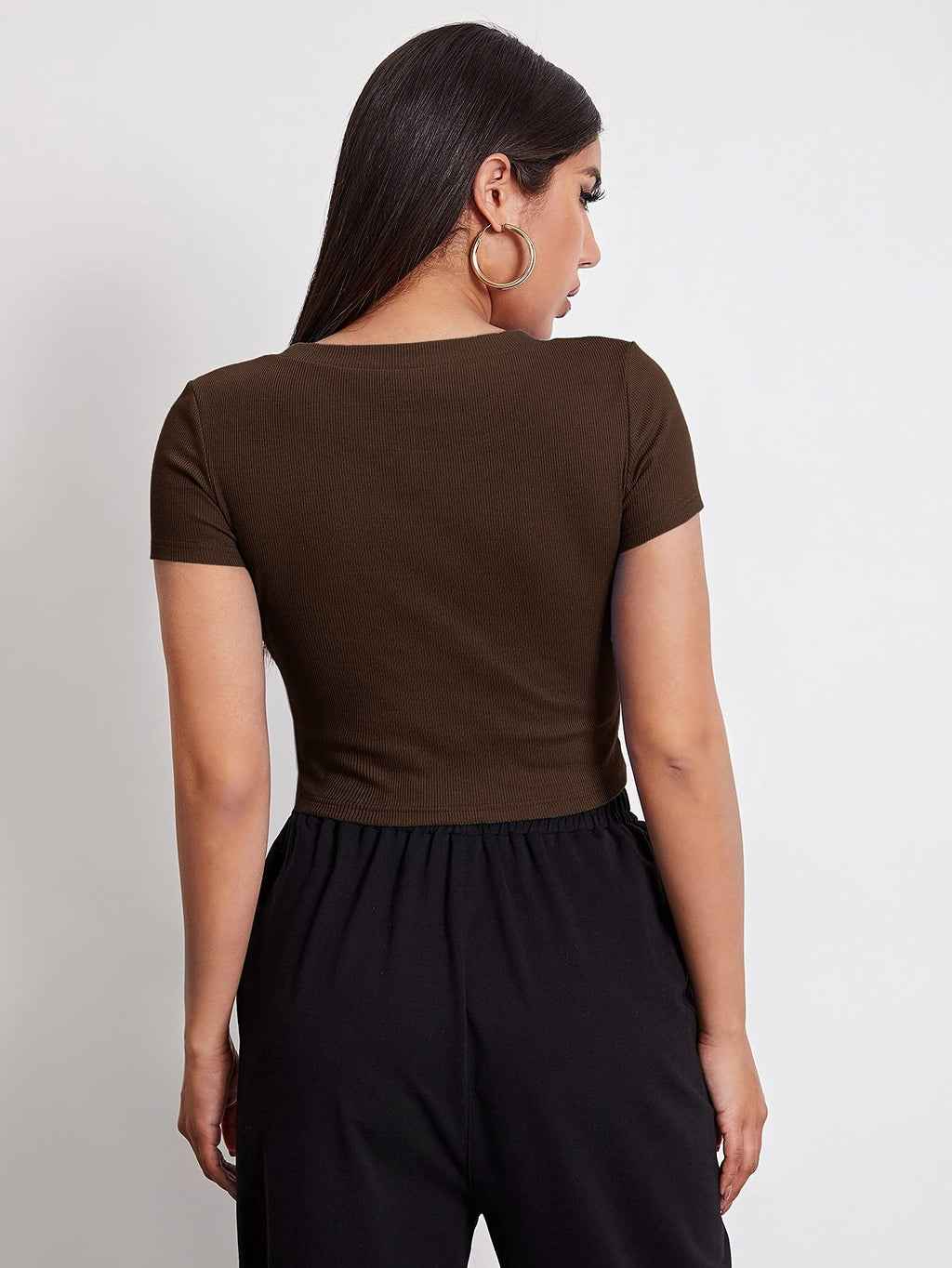 Aahwan Black Solid Ribbed Slim Fit Baby Tee Crop Top for Women's & Girls' (116_Black-L)